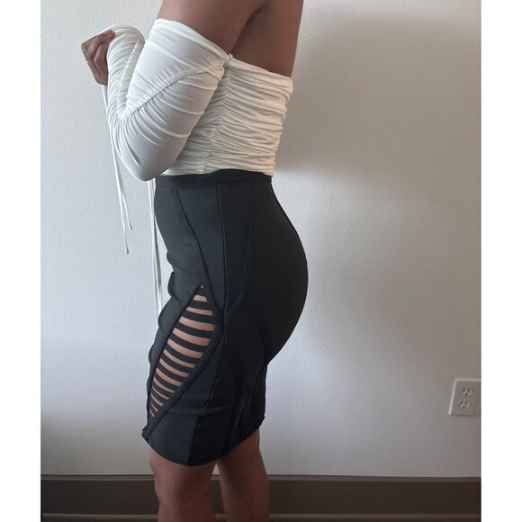 High Waist Skirt Size Medium Black Cutout Lattice Bodycon Stretch Bold Clubwear - Picture 8 of 16